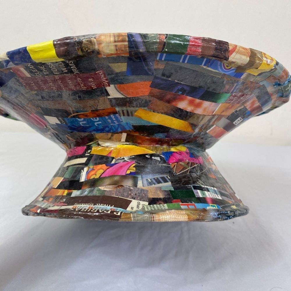 Recycled Multicolor Paper Pedestal Bowl - Eco Accent Retro Paper Machete - Picture 6 of 10